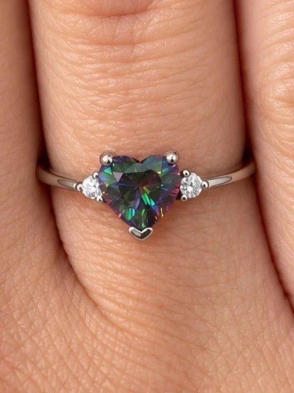 Sterling Silver 925 Mystic Topaz & Cubic Zirconia Heart Ring Size 6